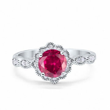 Floral Art Engagement Ring Simulated Ruby CZ 925 Sterling Silver